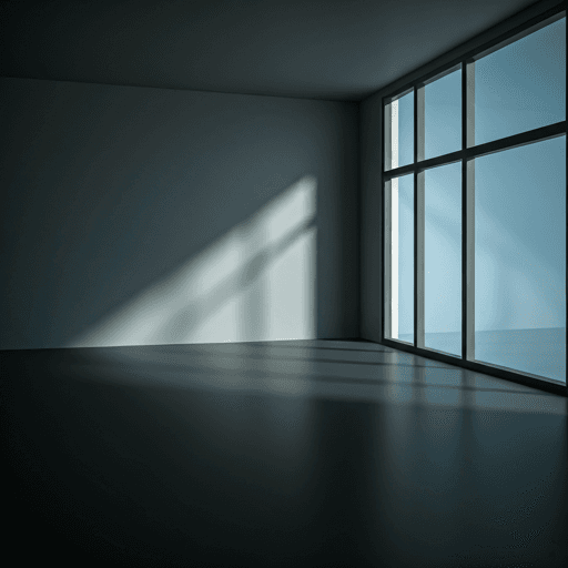 Light streams through tall windows into an empty modern interior — the room as a metaphor for clarity emerging from darkness.